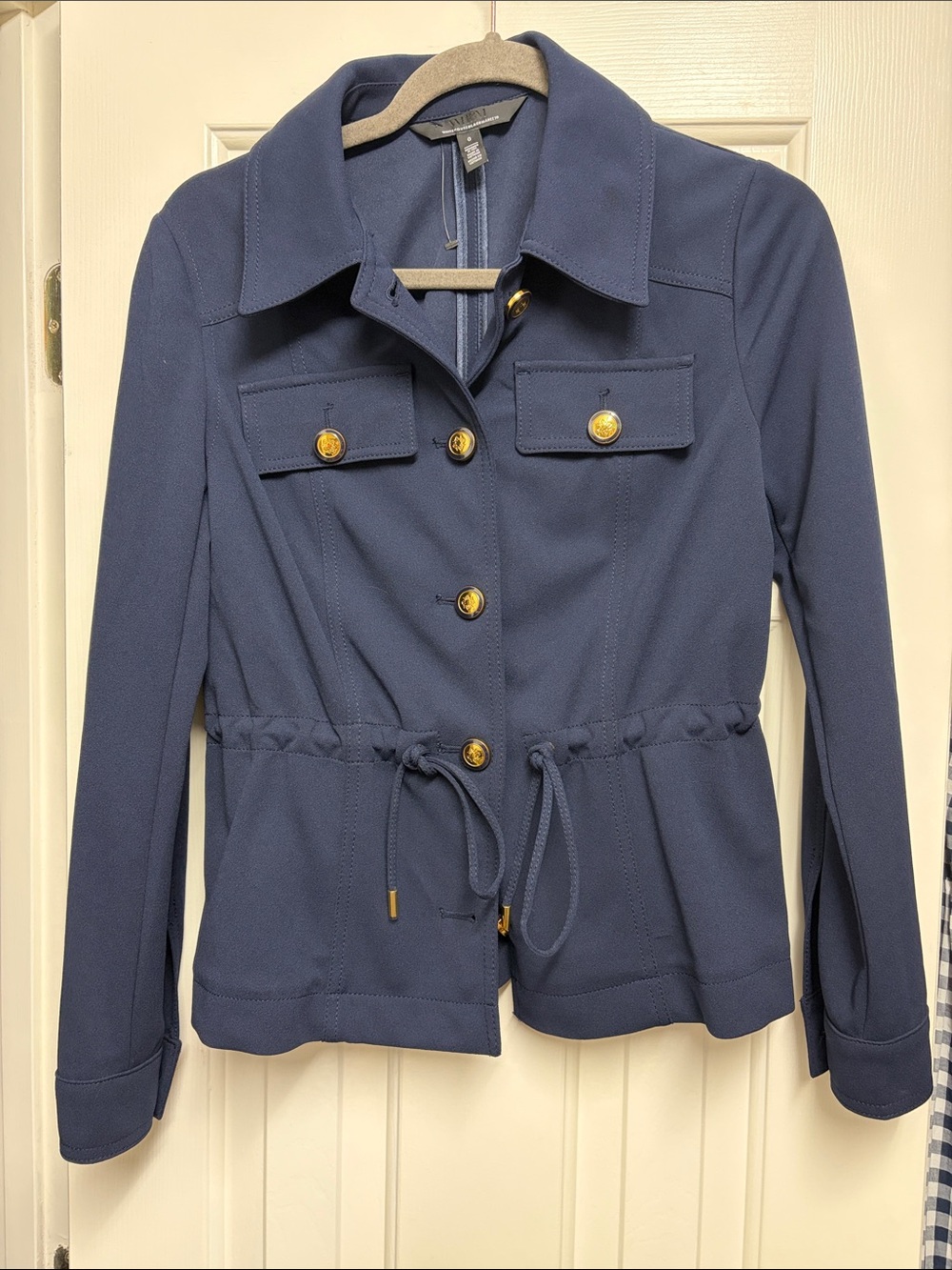 White House Black Market Women's Navy Drawcord Utility Jacket with Gold Buttons
